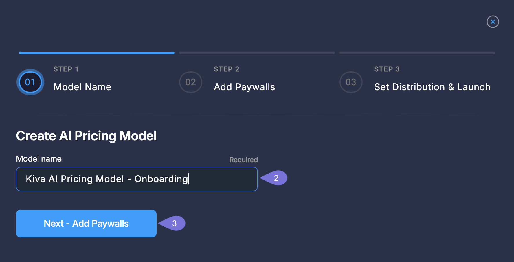 Screenshot of the 'Create AI Pricing Model' form, focused on Step 1: Model Name. The user is typing a name into the model name field.