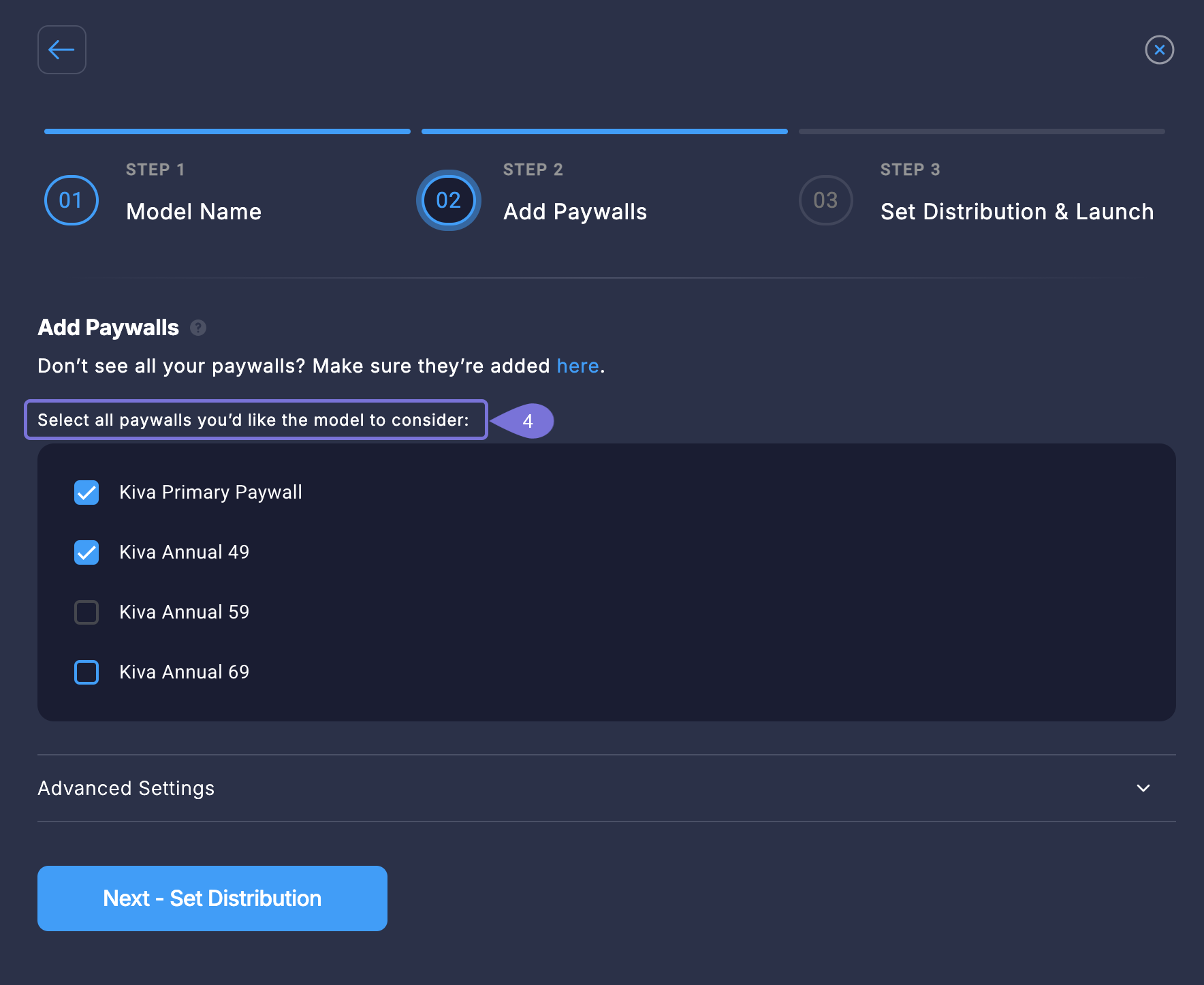 Screenshot of Step 2: Add Paywalls in the model creation process. A list of available paywalls is shown with several checkboxes selected.