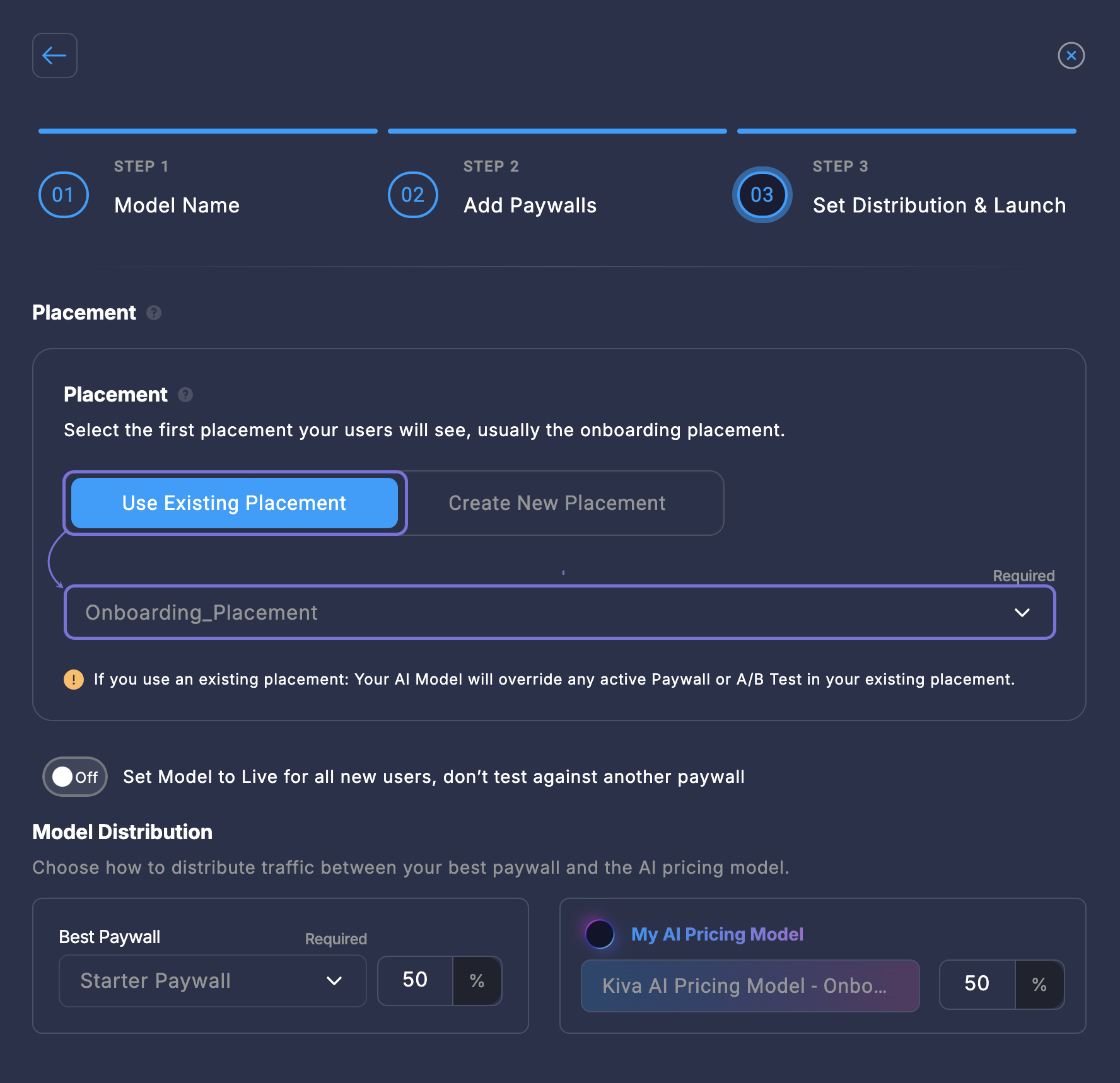 Screenshot of Step 3: Set Distribution & Launch. The 'Use Existing Placement' option is selected and the 'Set Model to Live' toggle is off, indicating an A/B test setup.