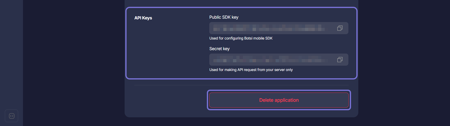 App Settings - API Keys and Delete Application section