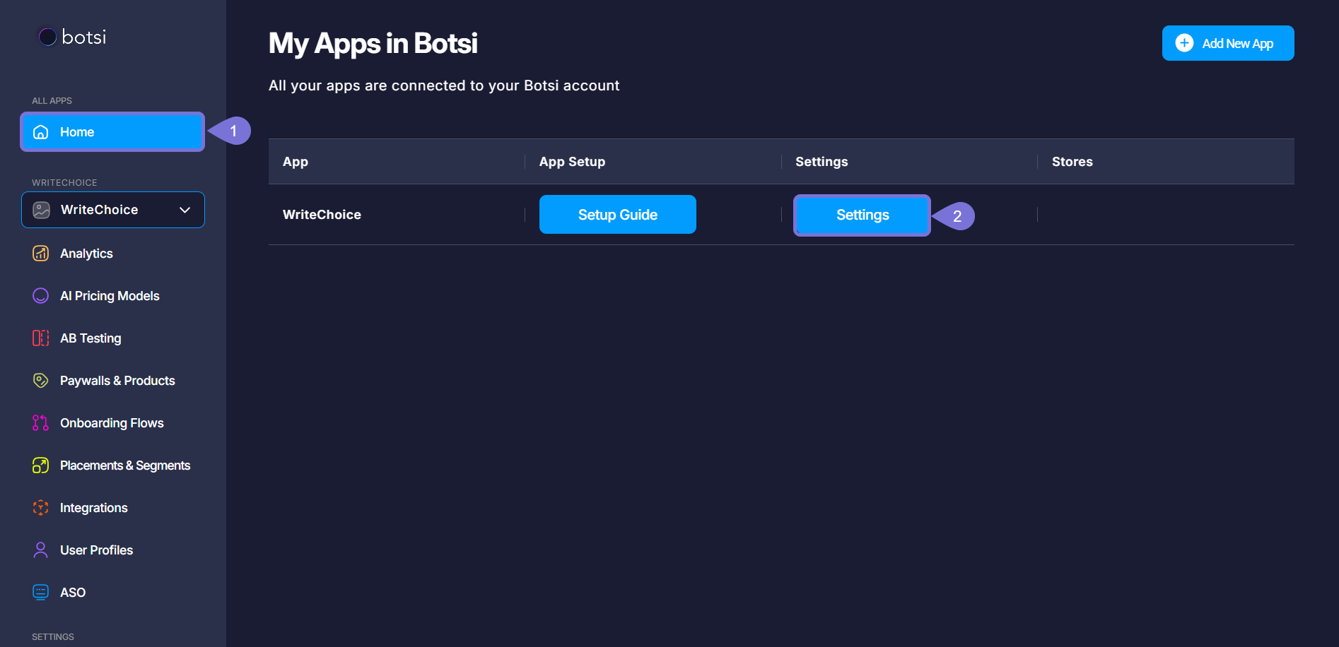 App Settings - Home page showing Settings button