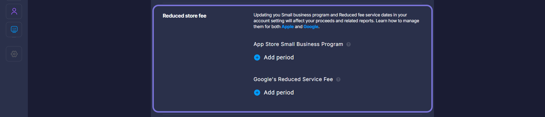 App Settings - Reduced Store Fee section