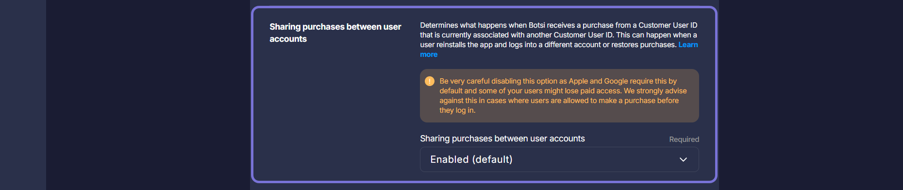 App Settings - Sharing Purchases Between User Accounts section