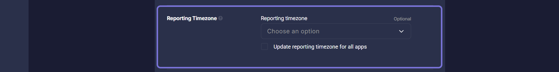 App Settings - Reporting Timezone section