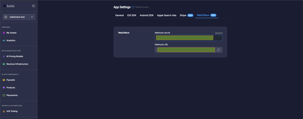 Botsi App Settings showing Web2Wave webhook configuration
