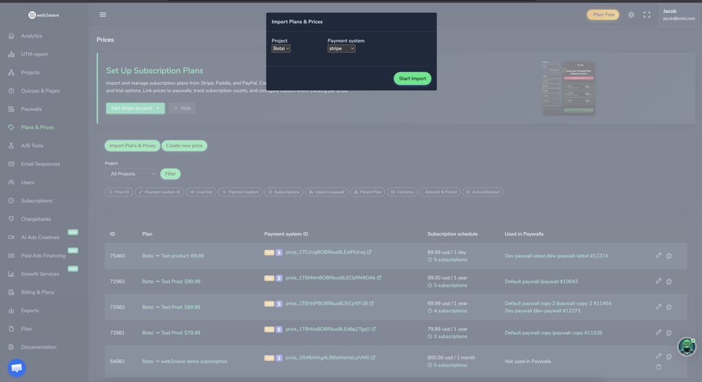 Web2Wave Plans and Prices tab showing Stripe product sync