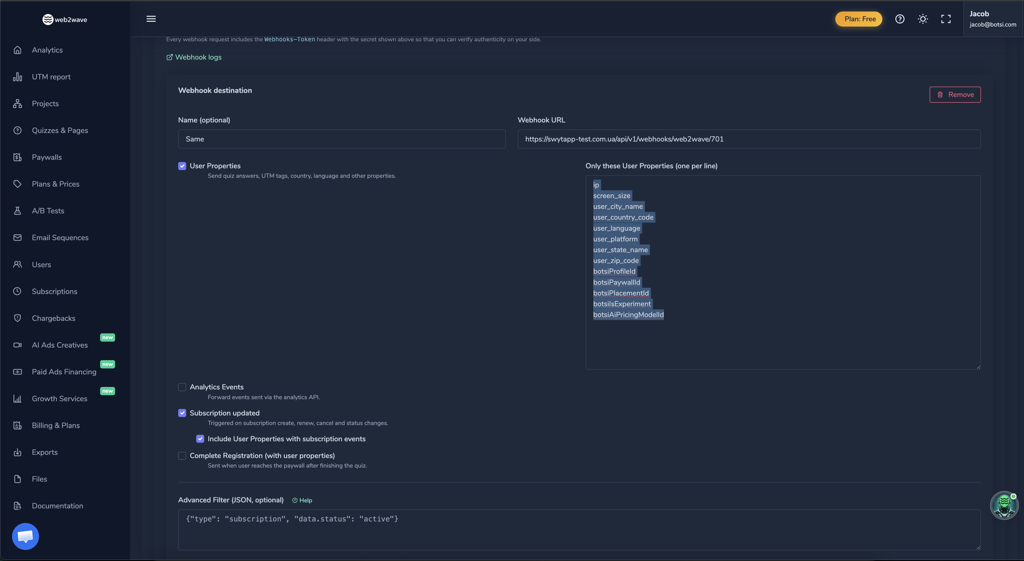 Web2Wave user properties configuration with Botsi fields