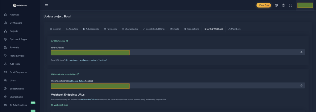 Web2Wave API and Webhook settings showing API key and webhook secret
